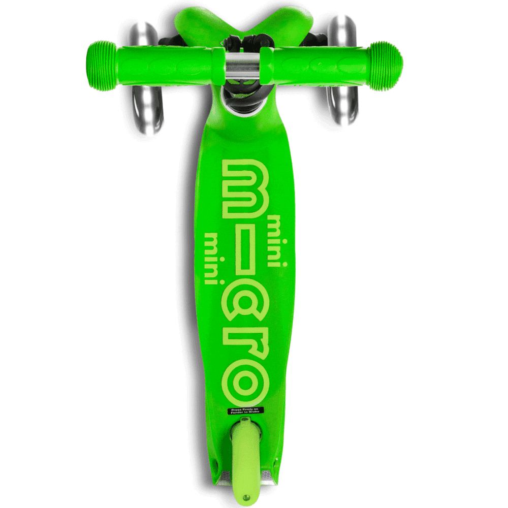 Micro Mini Deluxe LED Scooter shown from top-front with bright green deck and lime grip handles.