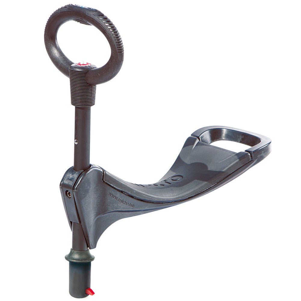 Micro Mini Seat With O-Bar, dark gray seat and circular handle, shown attached to a scooter post.