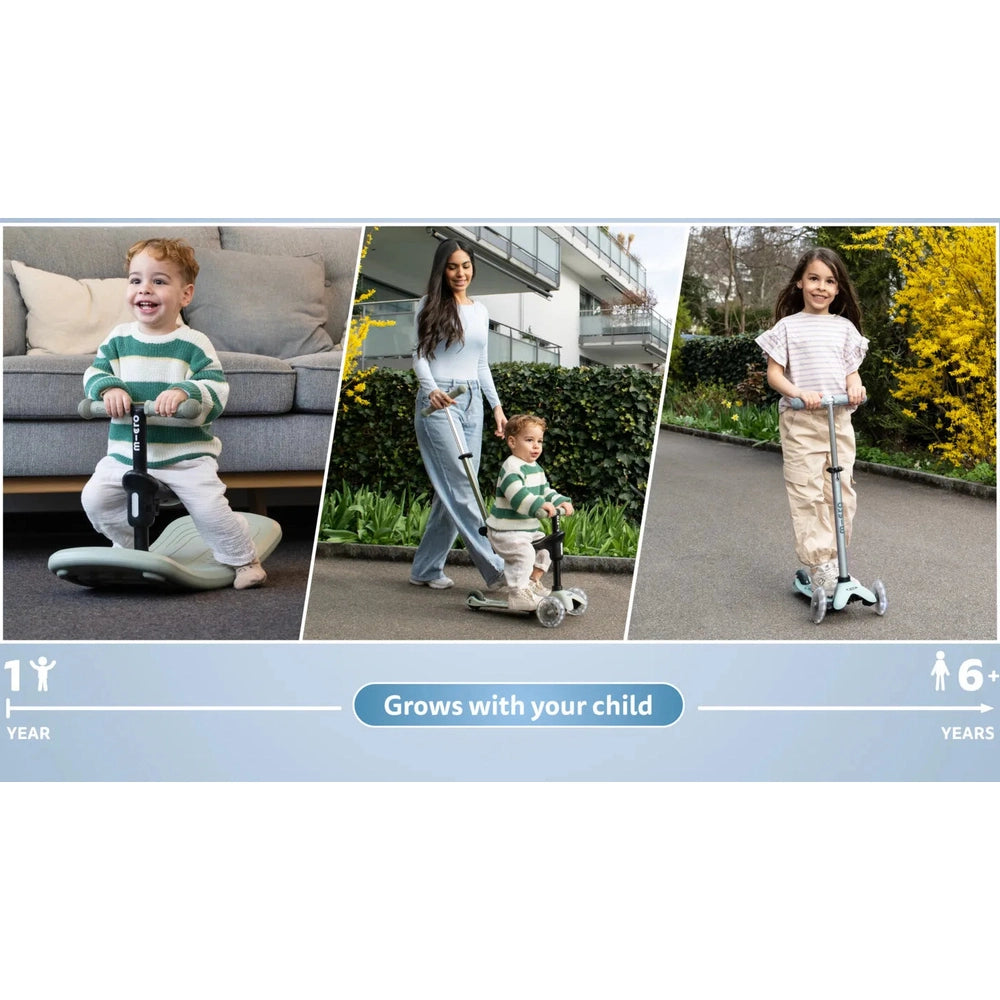 MICRO Rock & Go Led Scooter; a child rides indoors and outdoors as a parent guides, showing growth with your child.