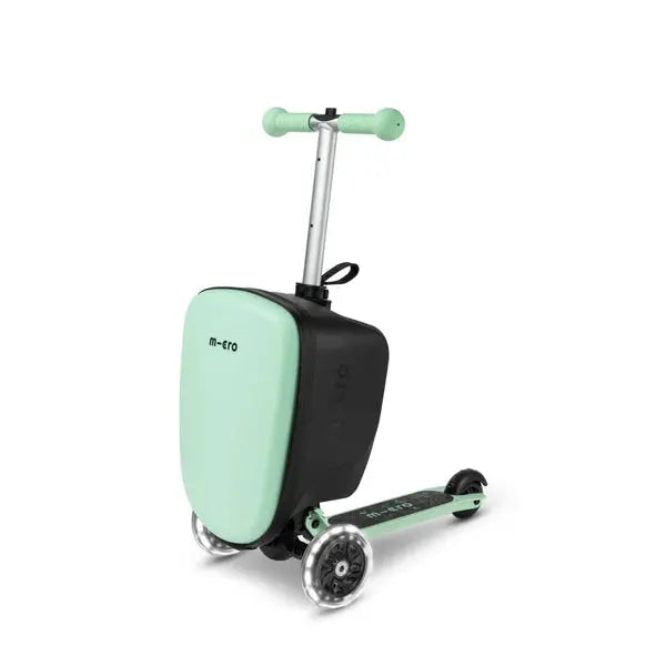 Micro Scooter Junior Luggage Mint suitcase-scooter with mint front panel, black shell, and extended push handle.