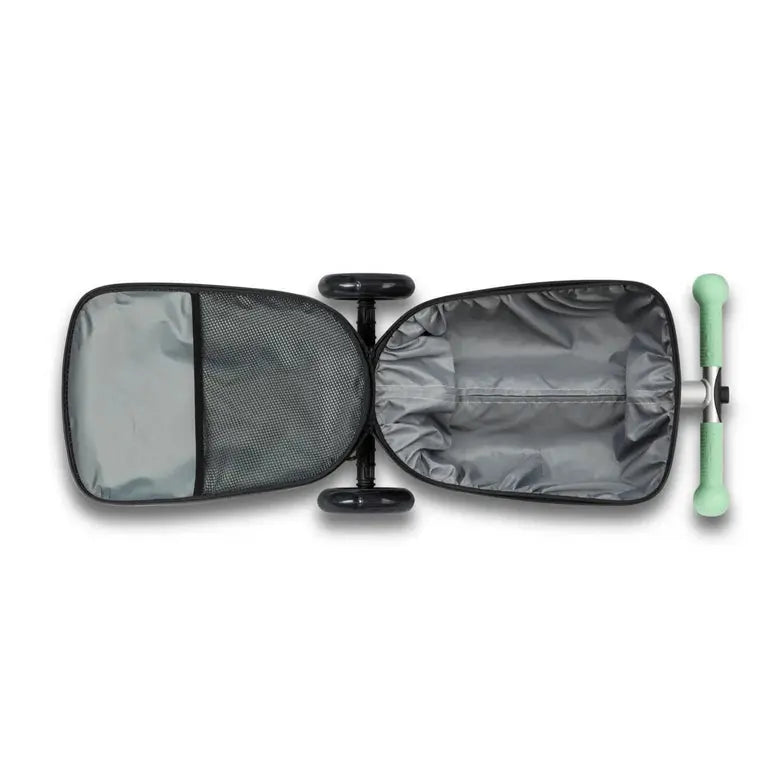 Micro Scooter Junior Luggage Mint suitcase opened to reveal gray interior with mesh pocket and mint handle on wheels.