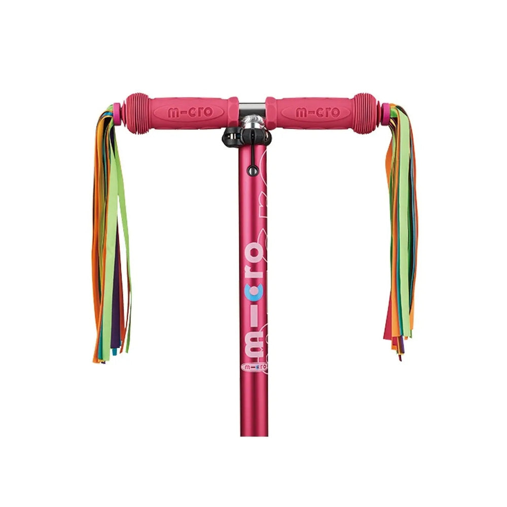 Micro Scooter Streamers pink kids' scooter with multicolor ribbon tassels on the handlebars, MICRO brand.