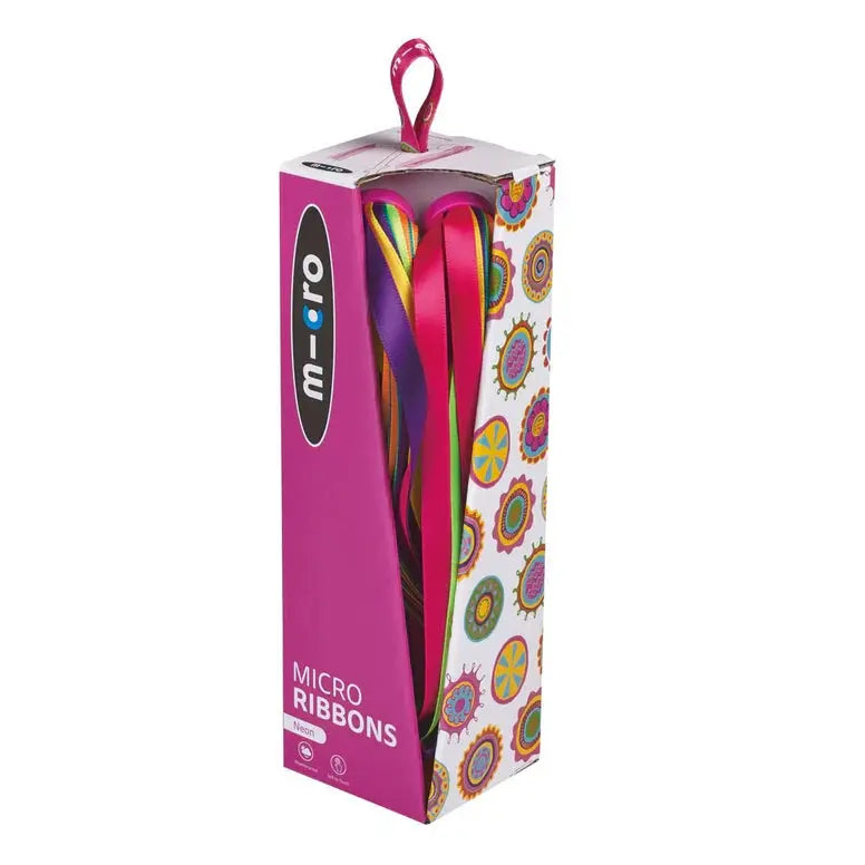 Micro Scooter Streamers neon rainbow ribbons visible in pink MICRO packaging with a hanging loop.