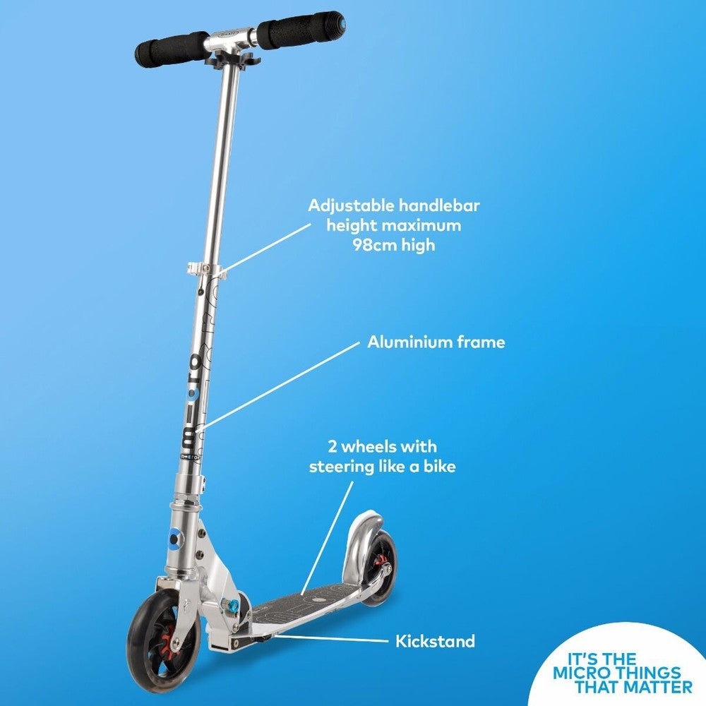 Micro Speed Scooter Pure Silver aluminum frame, adjustable handlebar up to 98 cm, kickstand, 2 wheels