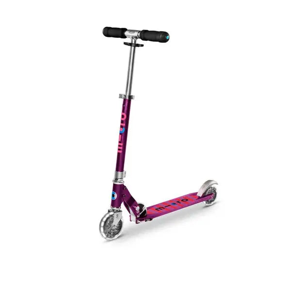 MICRO Sprite LED Scooter in pink-purple deck with silver stem; ready to ride.