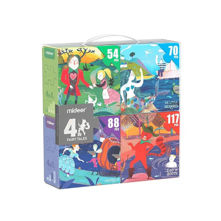 Mideer 4-in-1 Fairy Tale Puzzle set; colorful box with four puzzles in 54, 70, 88 and 117 pieces.