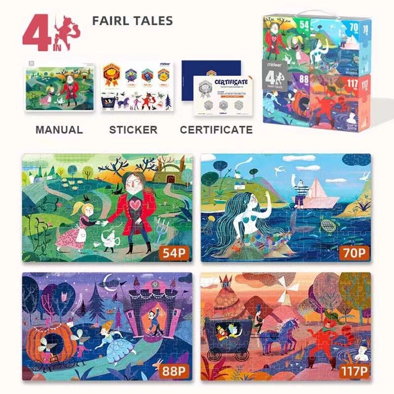 MIDEER 4 In 1 Fairy Tale puzzle set with four illustrated puzzles 54P, 70P, 88P and 117P