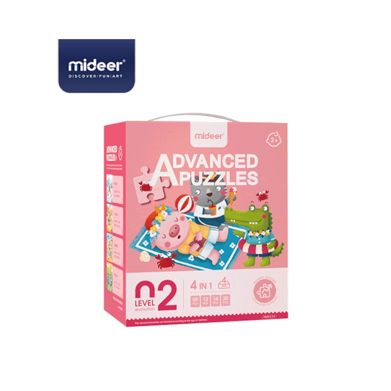 Mideer Advanced Puzzle Level 02 Season 57 pcs pink box featuring colorful animal illustrations, 4 in 1