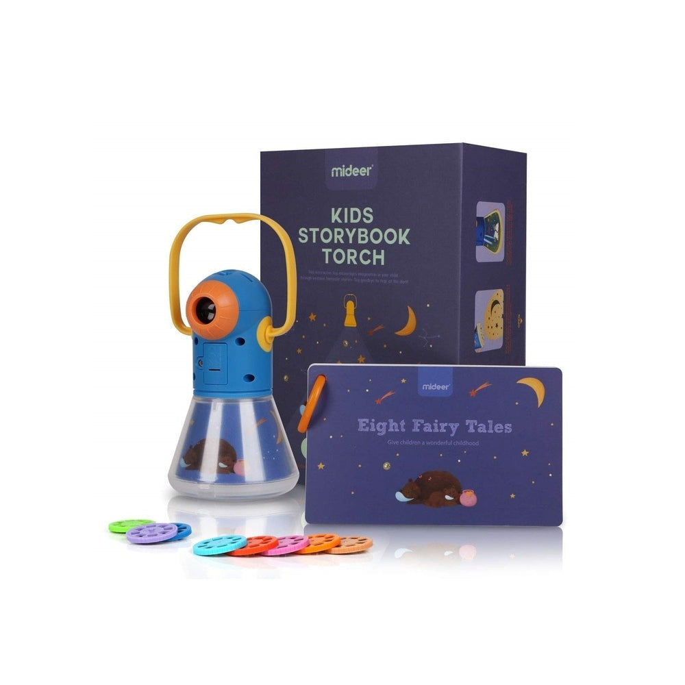 Mideer Kids Storybook Torch all-in-one flashlight with blue body and orange handle, includes eight fairy tales cards (ages 3+)