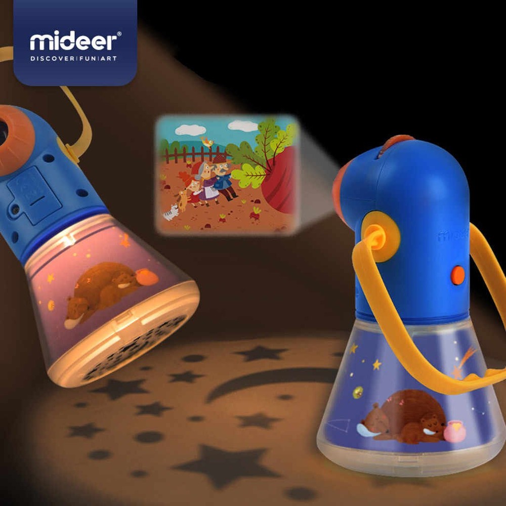 Mideer All In One Kids Storybook Torch; blue projector with yellow strap, projects bedtime scenes