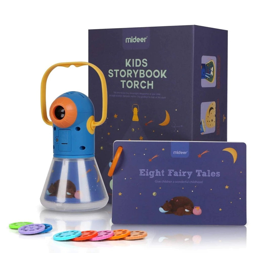 MIDEER All In One Kids Storybook Torch with blue body, orange lens and yellow handle, plus eight colorful disks