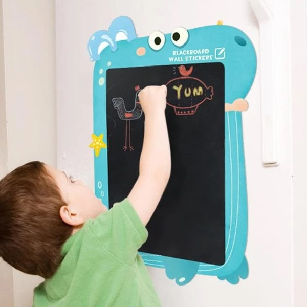 MIDEER blackboard wall sticker whale in blue with chalkboard panel; child drawing on it.