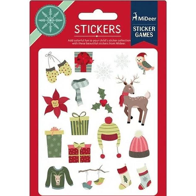MIDEER Christmas Colourful Stickers sheet featuring gifts, stockings, hat, reindeer and snowflakes