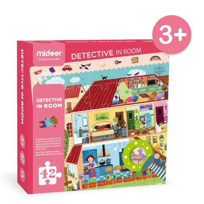 Mideer Detective in Room puzzle, 42-piece kids' jigsaw of a colorful house interior, ages 3+