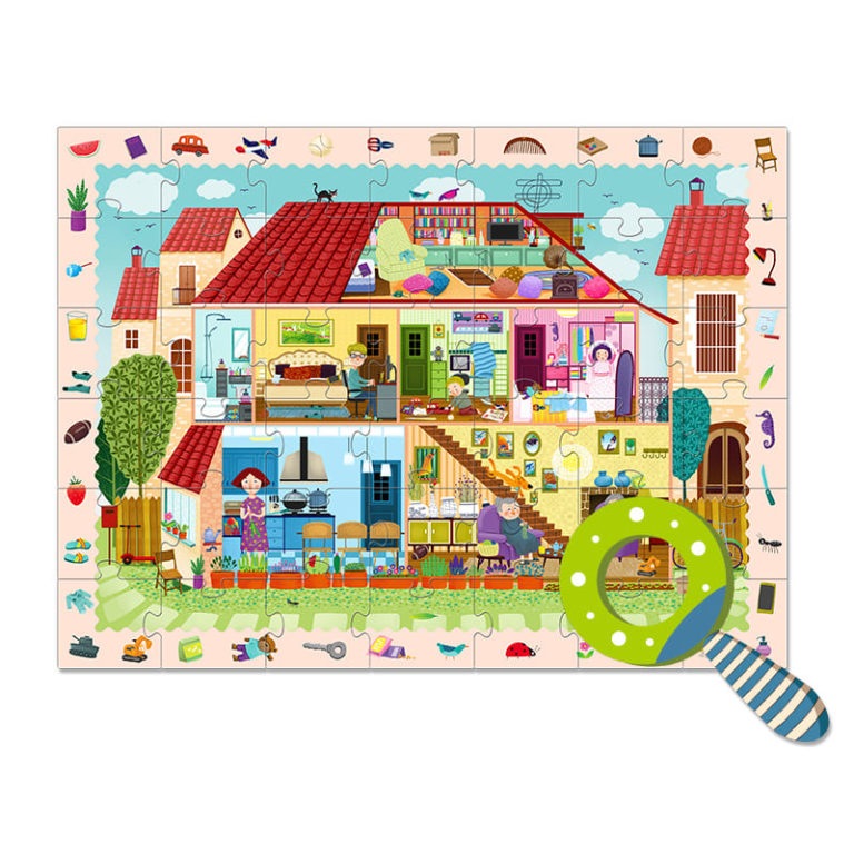 MIDEER Detective In Room puzzle: colorful cross‑section of a multi‑room house with people and furniture, magnifying glass.