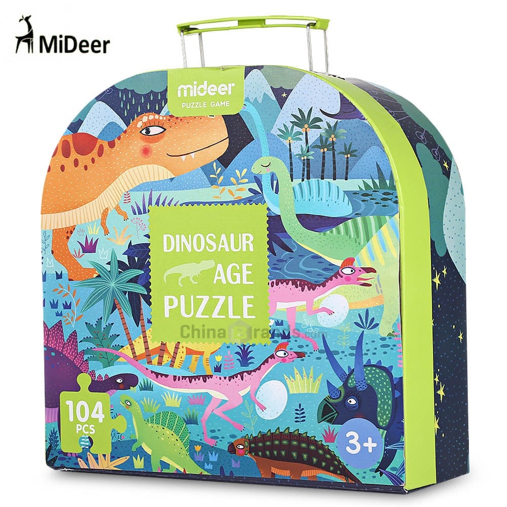 Mideer Dinosaur Age Puzzle box featuring colorful dinosaurs, 104 pieces, for ages 3+, neon lime trim