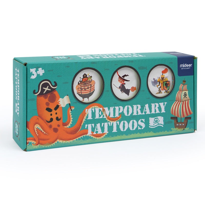 Mideer Fantastic Voyage temporary tattoos set featuring pirate and nautical designs on teal box