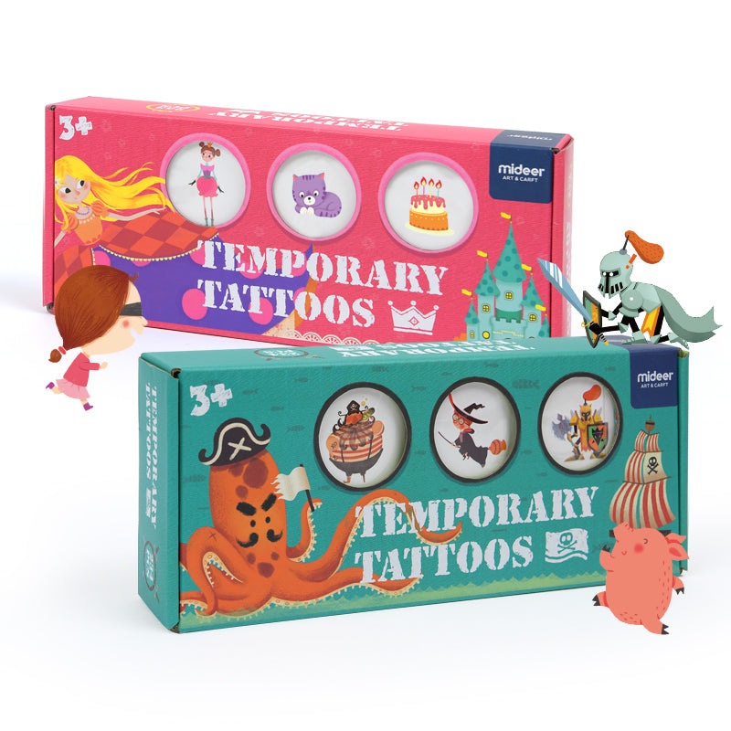 Mideer Fantastic Voyage temporary tattoos set in pink and teal boxes with playful designs for kids
