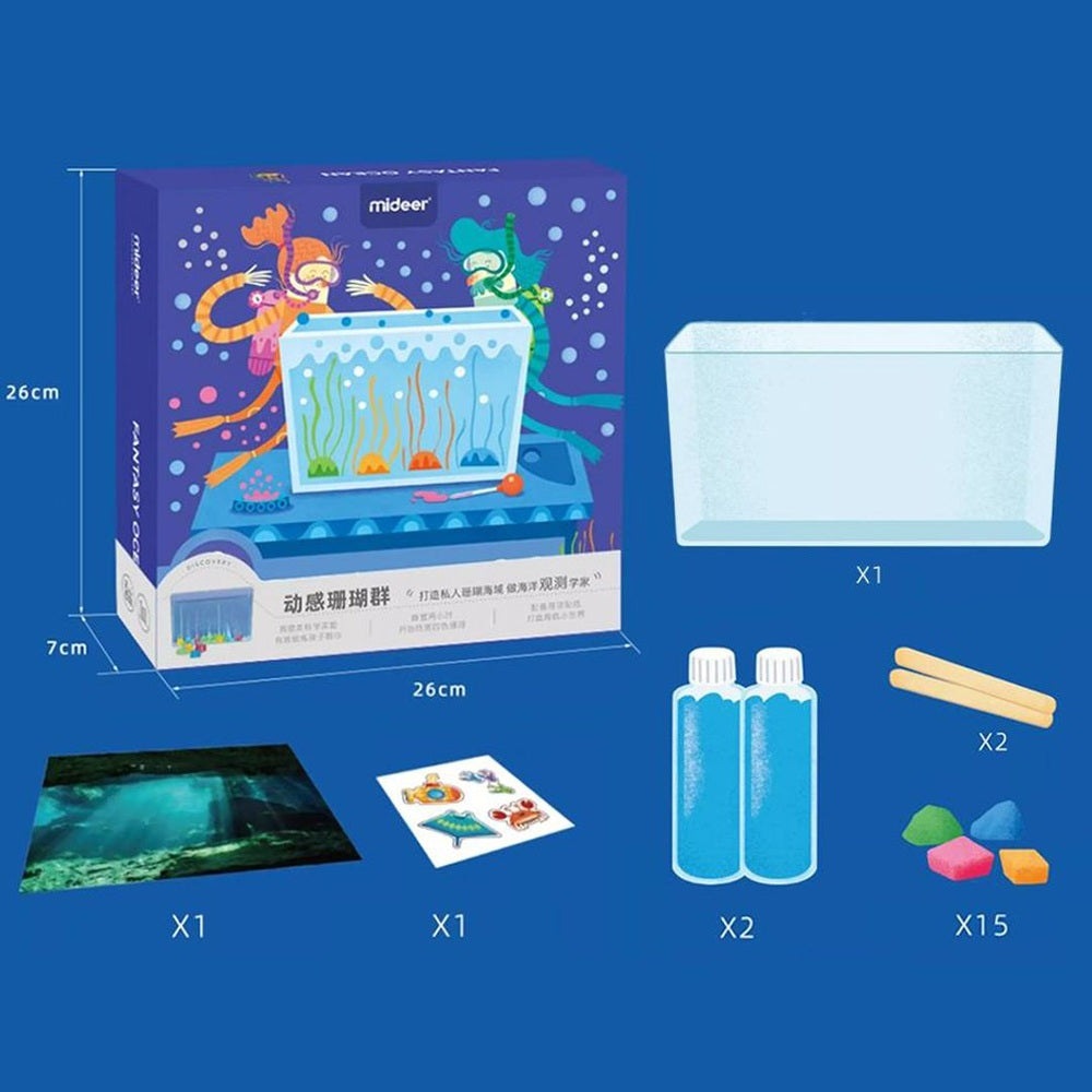 Mideer Fantasy Ocean educational toy set with aquarium display; includes 2 bottles, 15 foam shapes and accessories