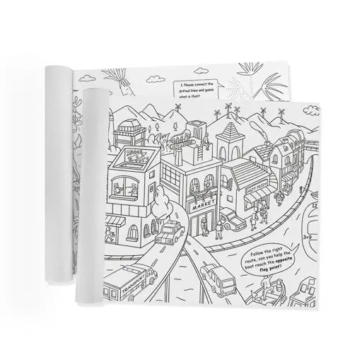MIDEER Giant Coloring Roll featuring an oversized black-and-white cityscape on craft paper, unrolled for coloring.