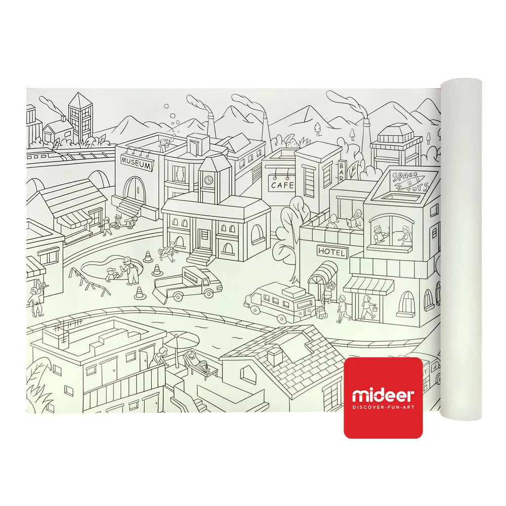 Mideer Giant Coloring Roll, black-and-white cityscape illustration for kids to color.