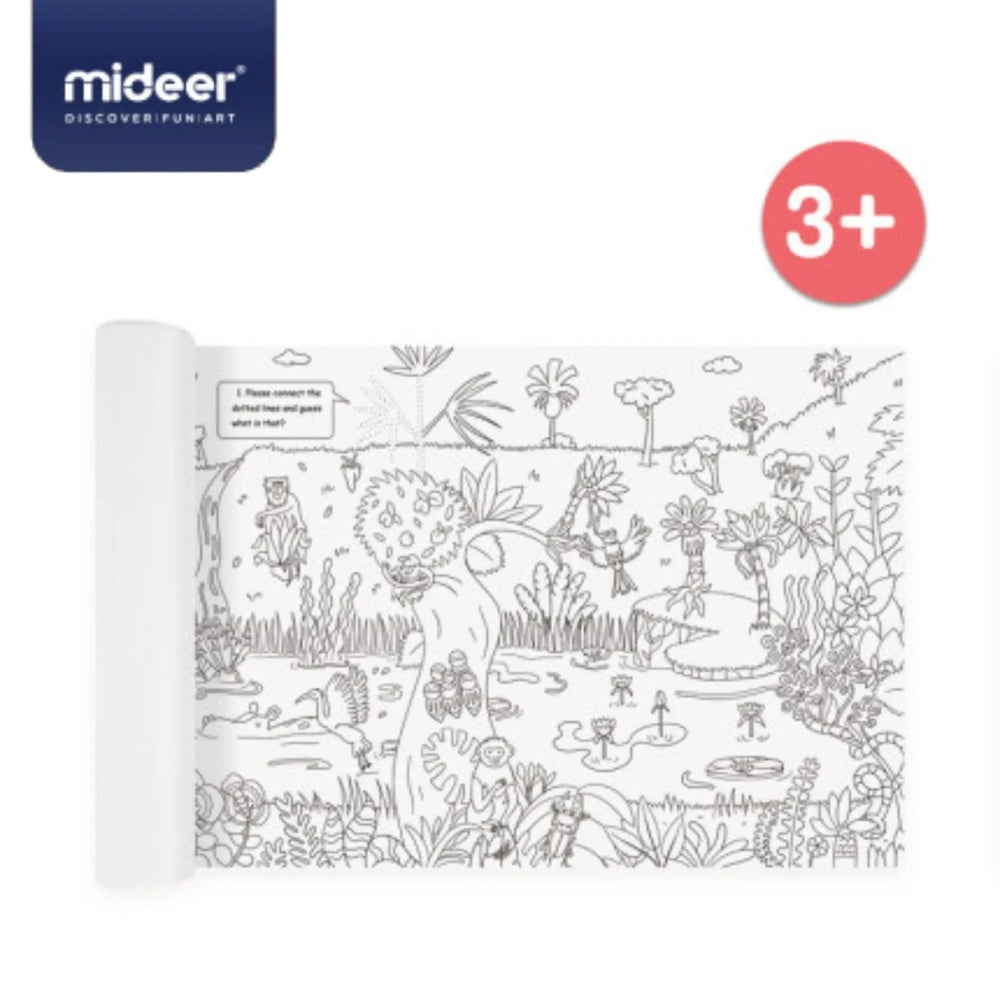 MIDEER Giant Coloring Roll: white paper with jungle line art; a child colors along the long roll, 3+.