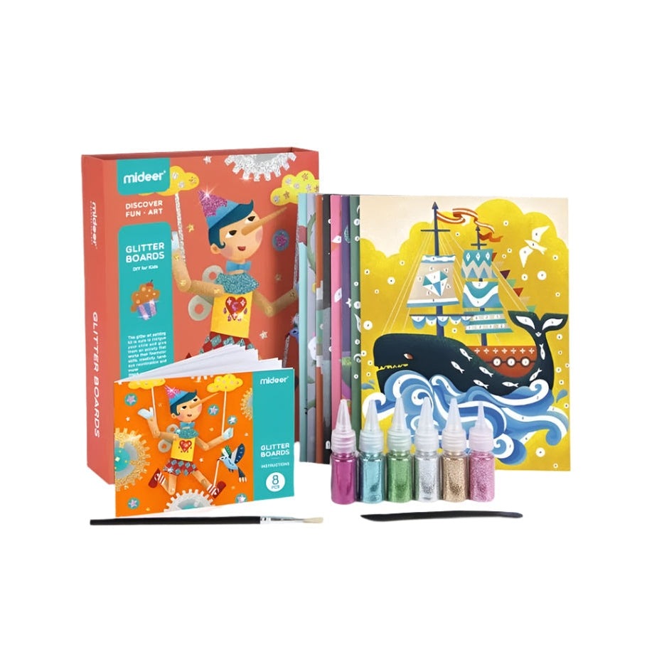 Mideer Glitter Boards arts and crafts set with 8 glitter boards, paints, brushes and cards
