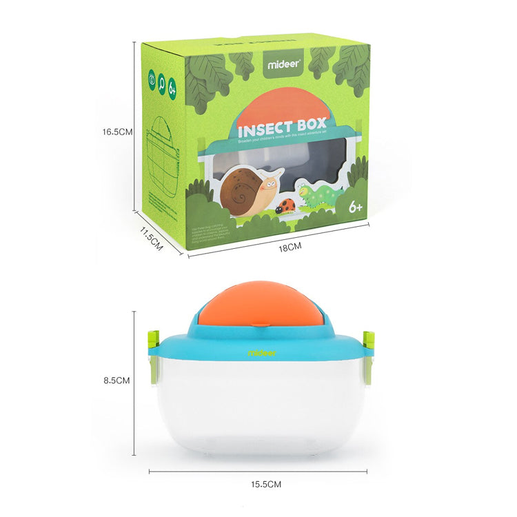 Mideer Insect Box toy with blue base, orange lid and clear container; educational kids’ activity