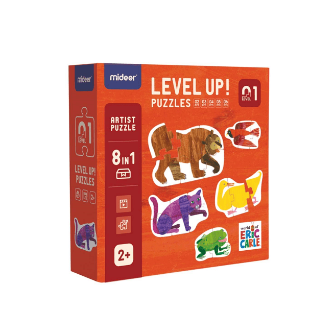 MIDEER Level Up Puzzle Artist Series Level 1 8-in-1 toddler puzzle box with colorful animal illustrations