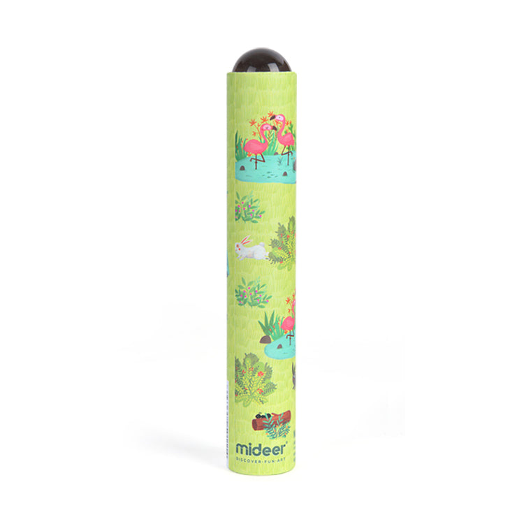 Mideer Magic Kaleidoscope Flamingo toy, green cylinder with tropical flamingo pattern