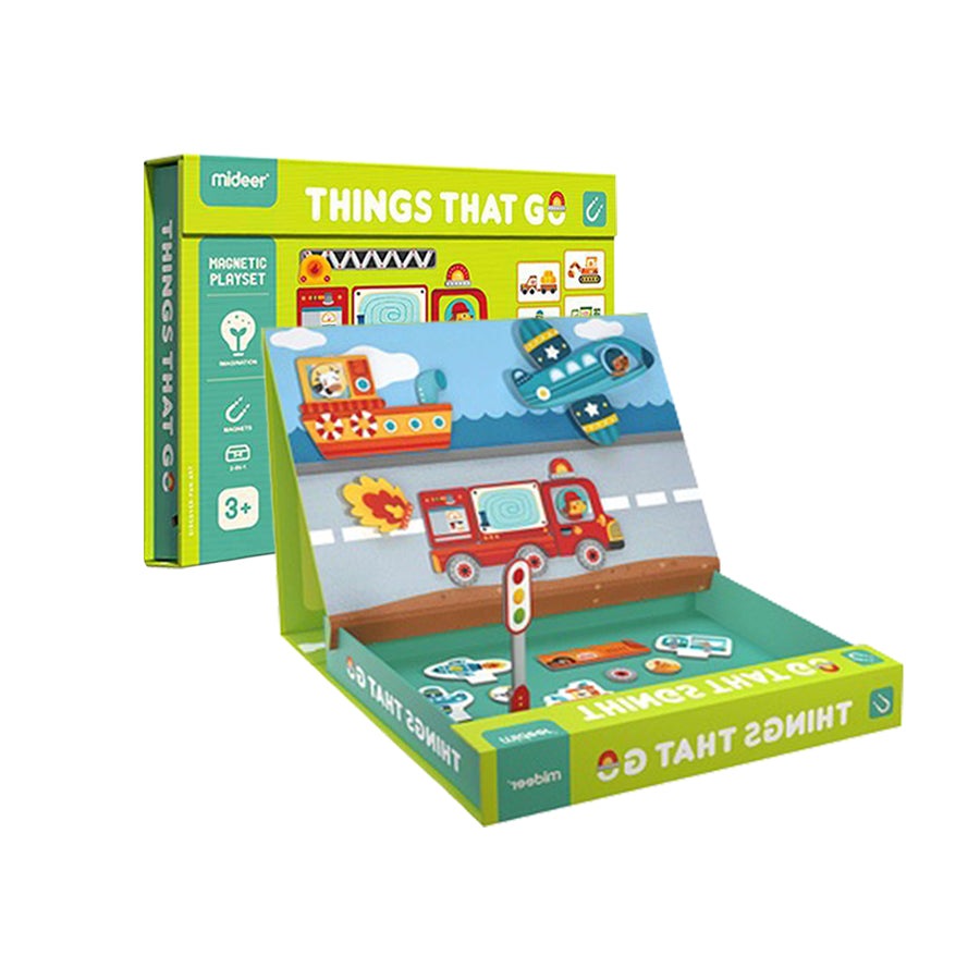 Mideer Things That Go magnet toy set with fold-out playboard and colorful vehicle magnets