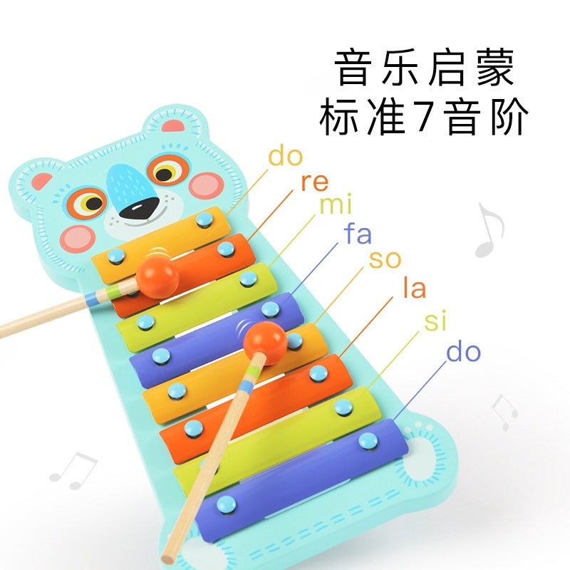 MIDEER bear-shaped metal xylophone with rainbow bars on blue base, two mallets, 8 notes