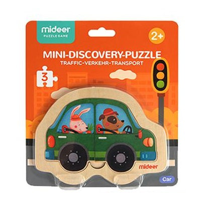 Mideer Mini Discovery Puzzle Car; wooden toy car with two animal drivers, green body