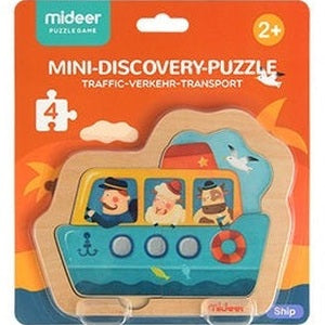 MIDEER Mini Discovery Puzzle Ship; wooden, colorful ship with four-piece puzzle and cartoon crew