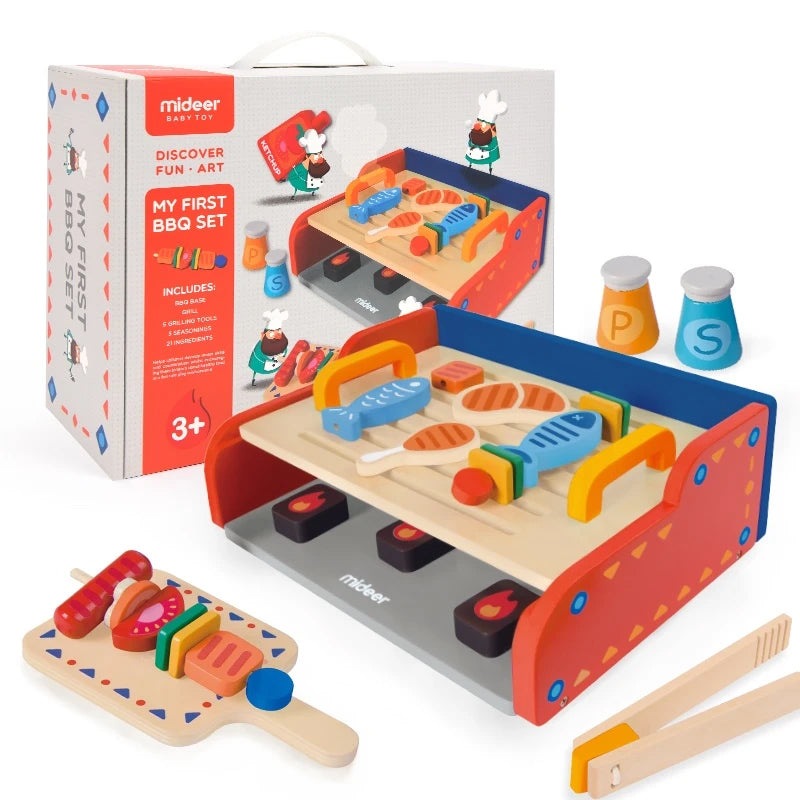 Mideer My First BBQ Set wooden toy grill with colorful utensils and salt/pepper shakers for kids