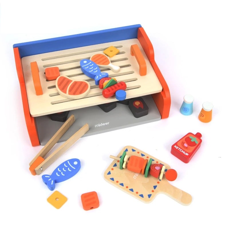Mideer My First BBQ Set wooden toy grill with colorful food pieces and utensils