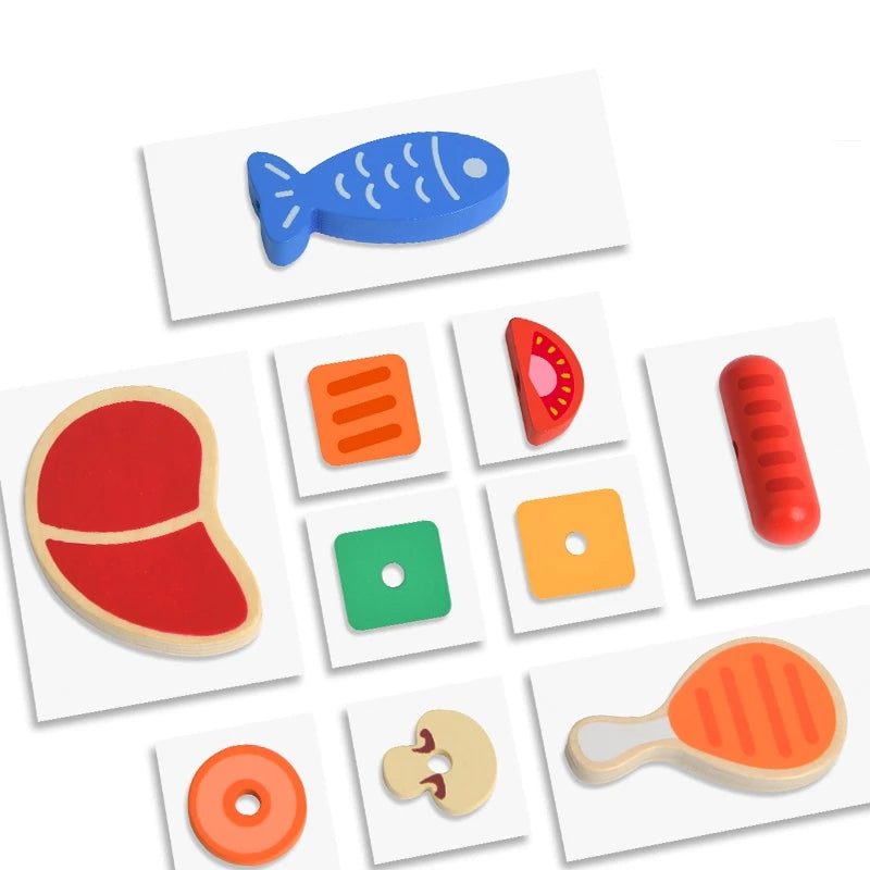 MIDEER My First BBQ Set wooden toy food pieces including fish, steak, sausage and vegetables (9 pieces)