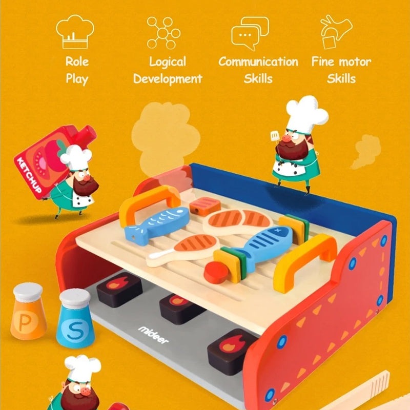 Mideer My First BBQ Set toy grill with colorful utensils and two condiment bottles, educational.