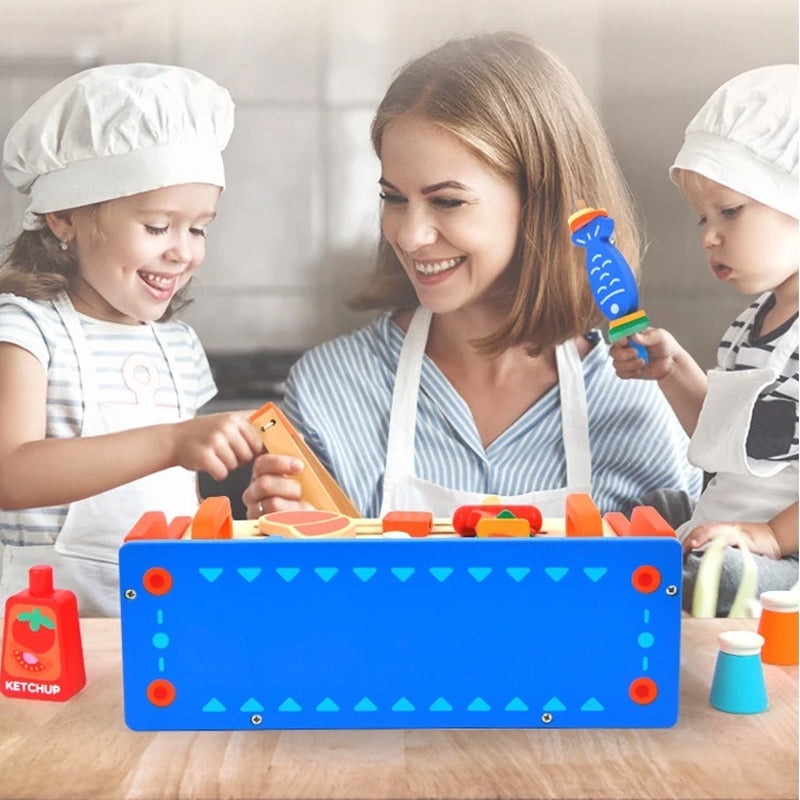 Mideer My First BBQ Set blue wooden toy grill with red accents and colorful pretend foods