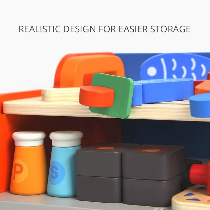 MIDEER My First BBQ Set toy with colorful plastic pieces on a wooden shelf, educational toy for kids