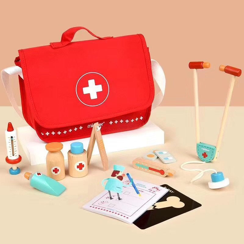 MIDEER My First Medical Set red medical bag with white cross and wooden toy tools, clipboard