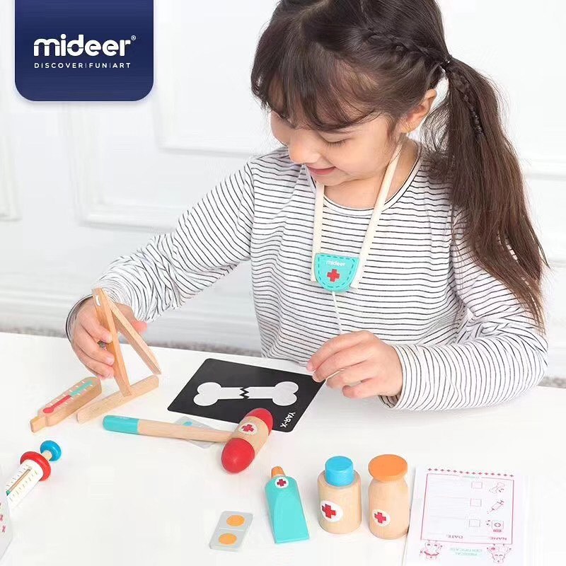 MIDEER My First Medical Set for kids; wooden medical tools including syringes, bottles, a bone card and pill card