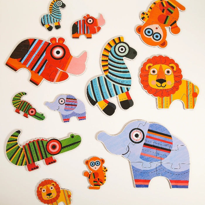 MIDEER My First Puzzle Animal: 12 colorful wooden toddler puzzles with striped elephants, lions, rhinos