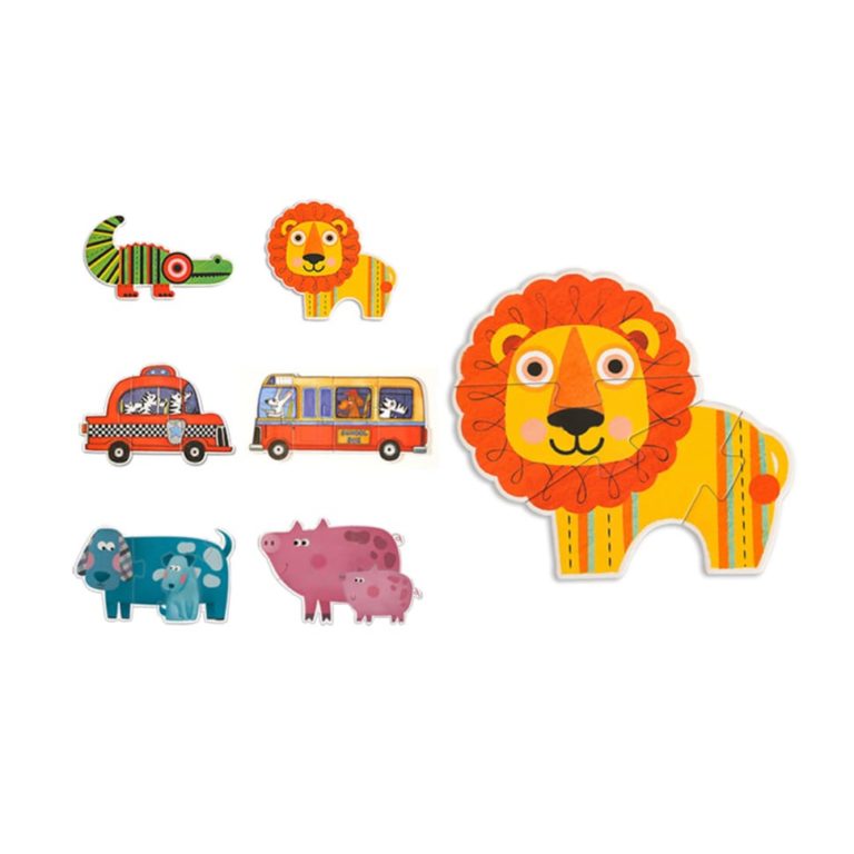 Mideer My First Puzzle Animal set with 8 colorful cartoon pieces featuring lion, giraffe, bus and pig