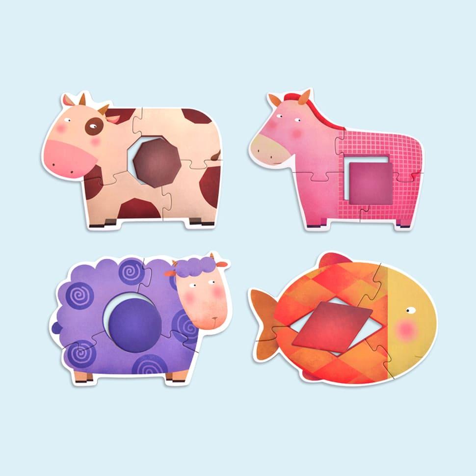 MIDEER My First Puzzle Geometry & Animal 32 pcs; four colorful animal puzzles: cow, horse, sheep, fish