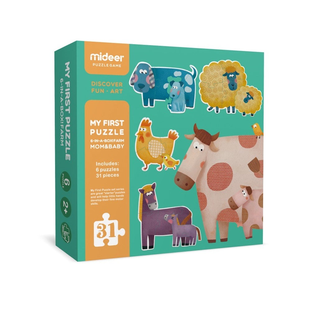 Mideer My First Puzzle Mom & Baby box set with 6 puzzles (31 pieces) and colorful animal artwork