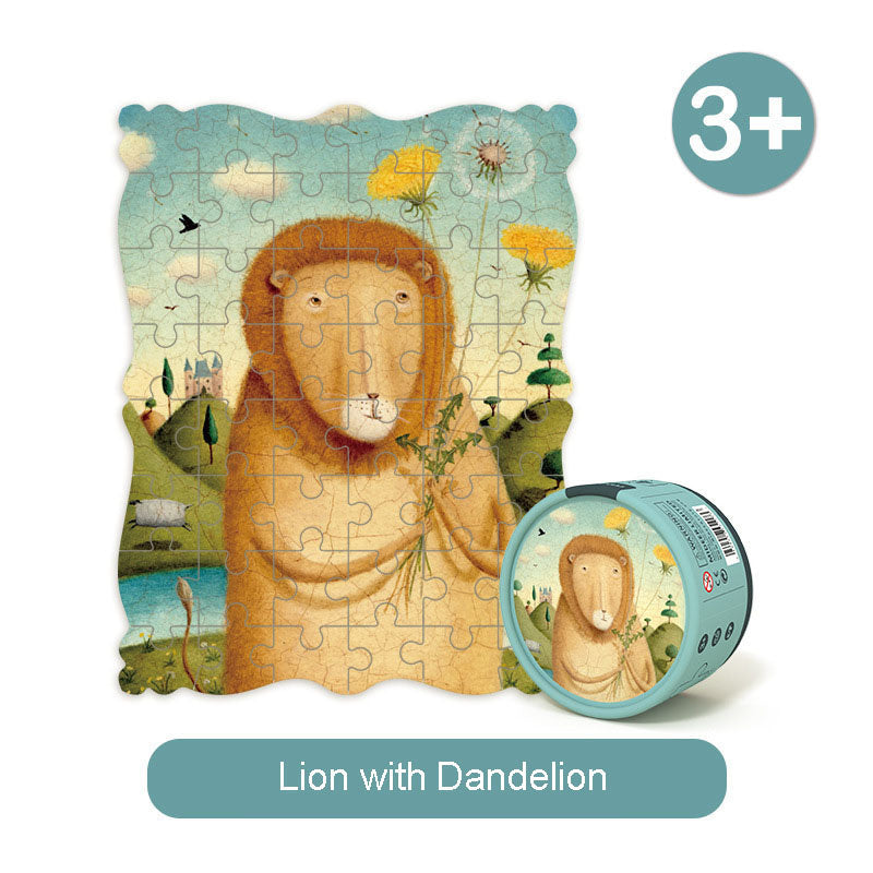 MIDEER Porteaits Puzzle Danaelion lion with dandelion in meadow, teal canister included, 3+ age

