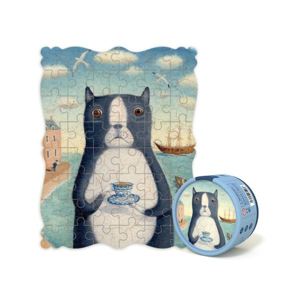 MIDEER Porteaits puzzle What Tea Time Cat, blue seaside scene showing a large cat holding a teacup