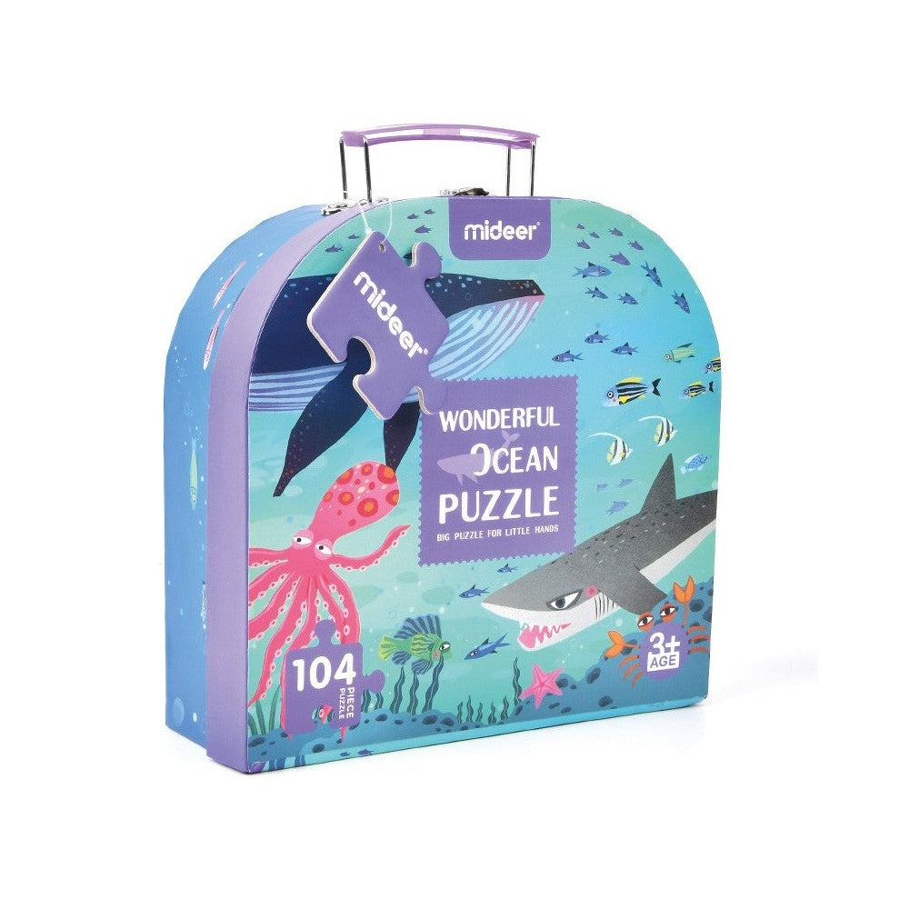 Mideer Wonderful Ocean puzzle, 104 pieces, in a purple-teal carrying case with sea creatures