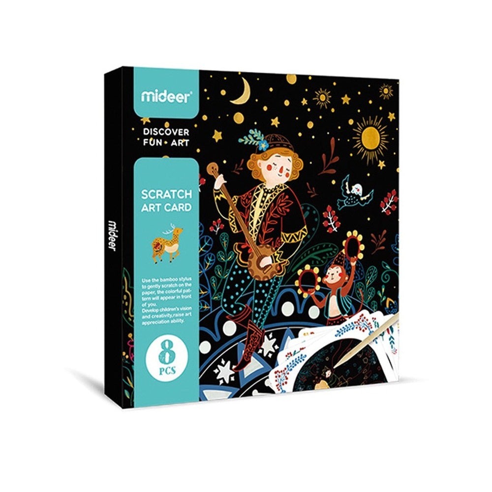Mideer Scratch Art Card Boy set, 8 pcs, illustrated guitar-playing boy on a dark starry background